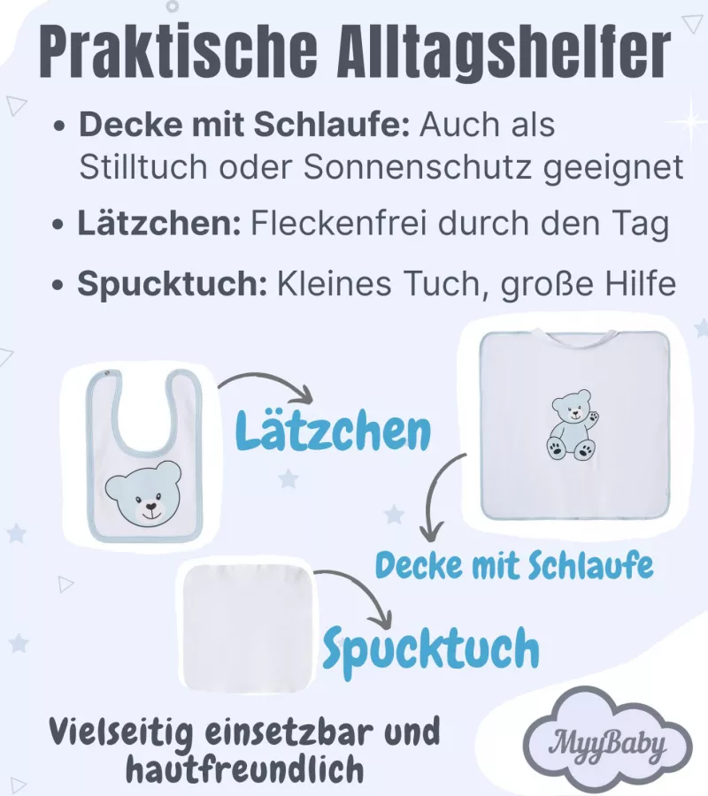 Decke mit Schlaufe, Lätzchen und Spucktuch für Jungen