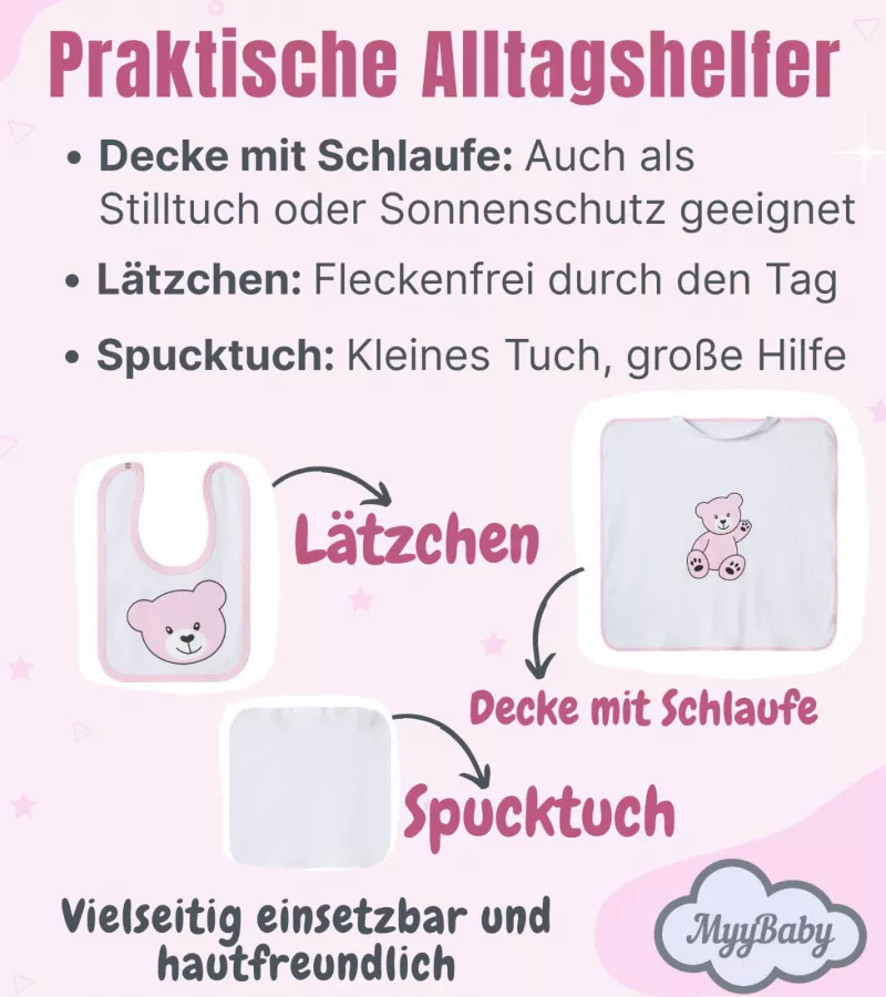 Decke mit Schlaufe, Lätzchen und Spucktuch für Mädchen